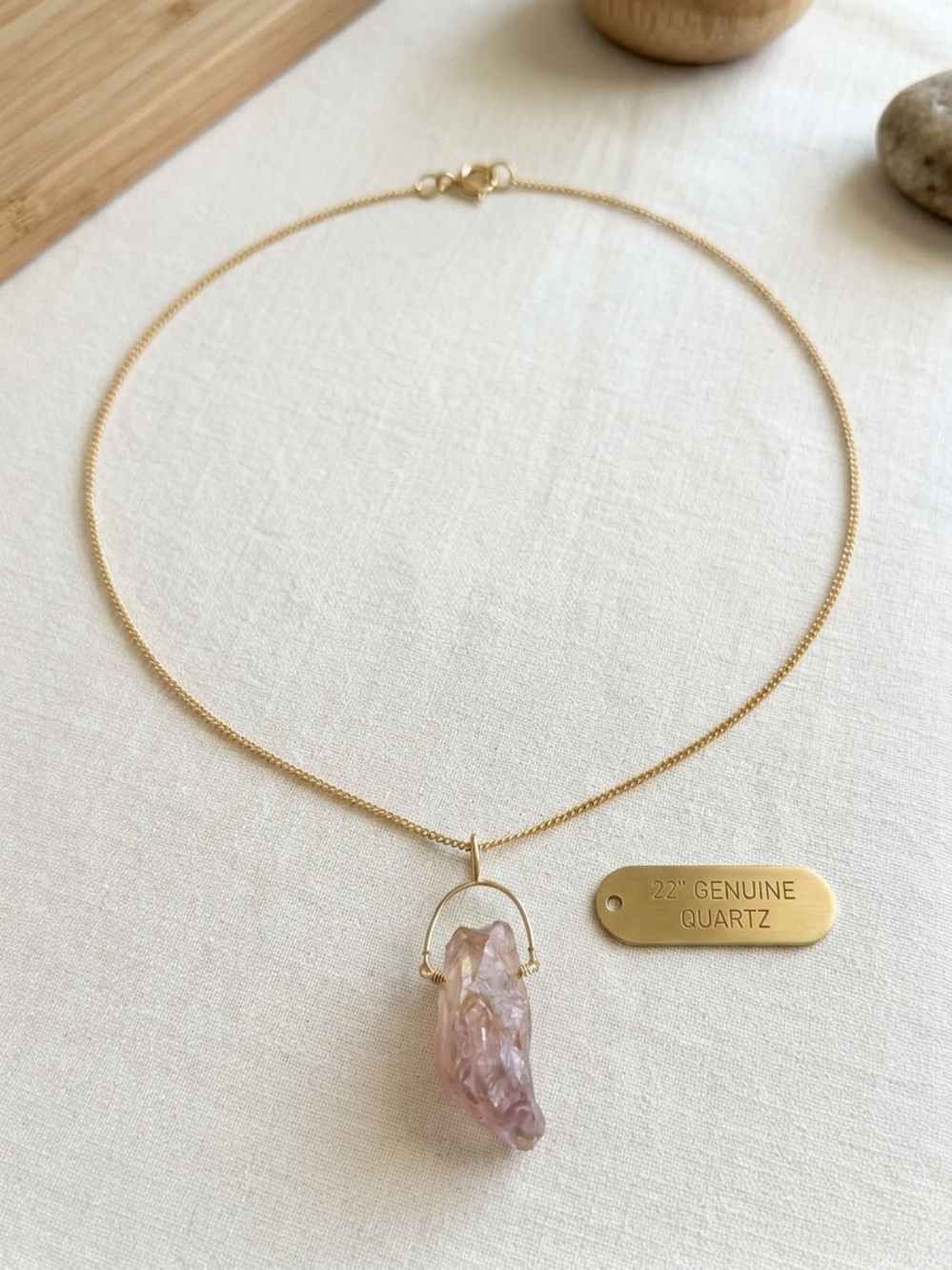 Luna Norte Gold-Plated 22" Necklace with Pink Raw Quartz Pendant